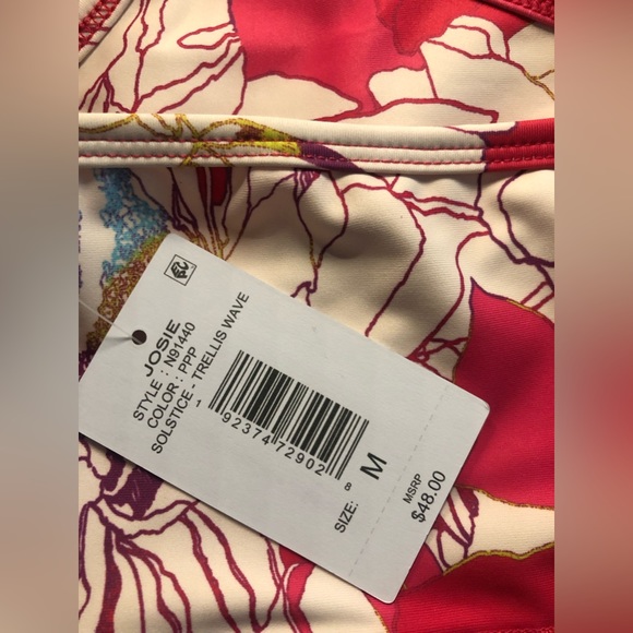 NWT JOSIE NATORI SOLSTICE T-BACK CROP TOP Size M Pink Poppy Trellis Wave - Picture 6 of 10